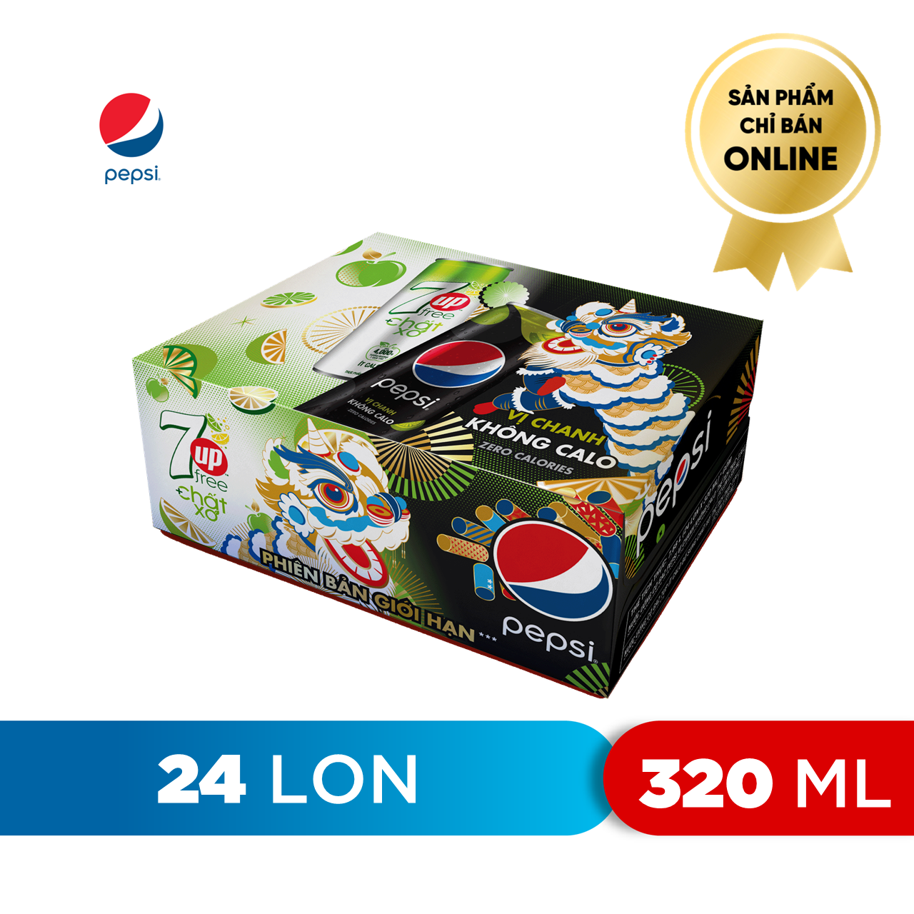 Thùng 24 Lon Mix 2 Vị Pepsi Chanh và 7Up Chất Xơ Không Calo (320ml/lon) - Độc Quyền Online