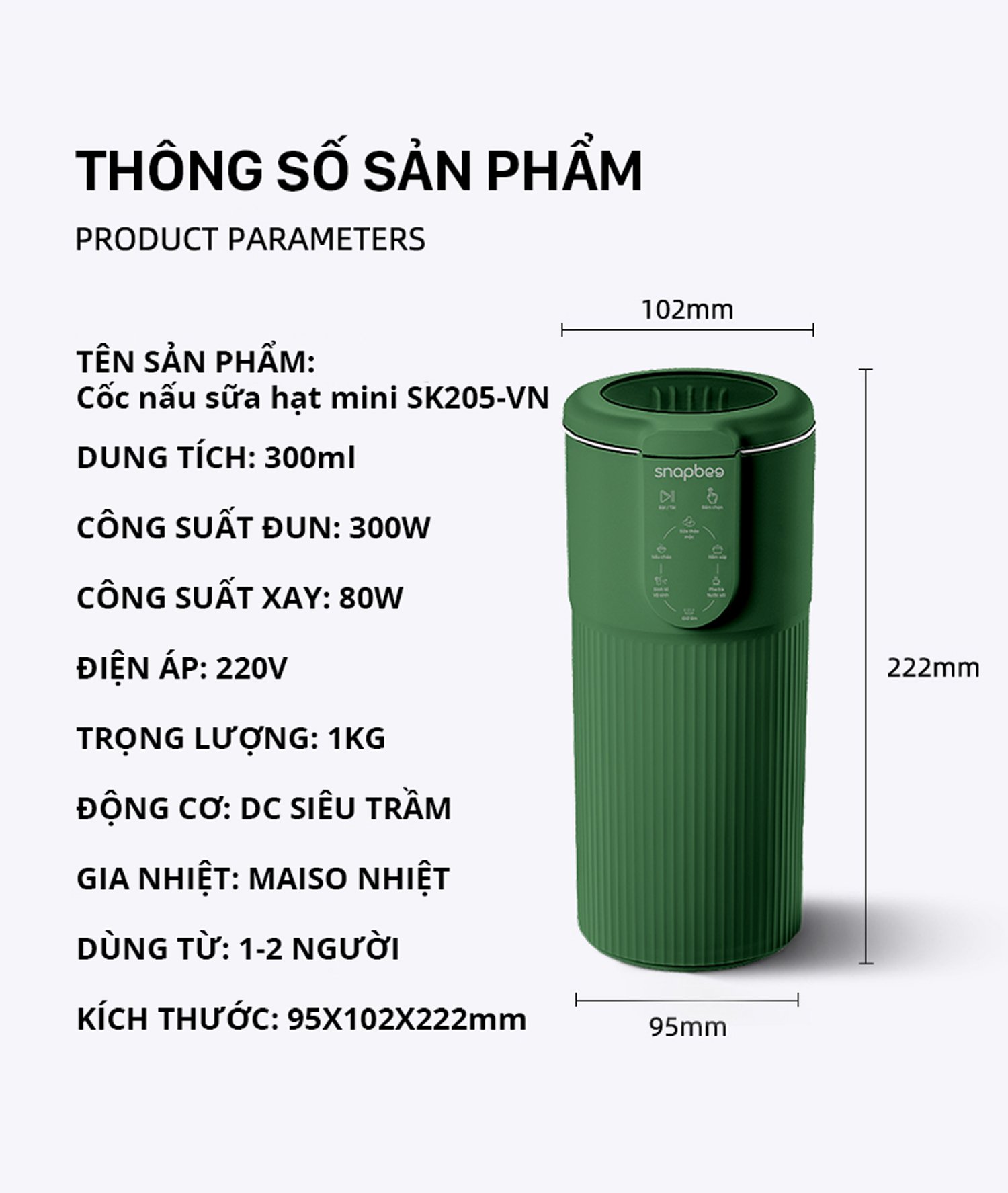 [HÀNG CHÍNH HÃNG] Máy Làm Sữa Hạt SNAPBEE Mini Màu Xanh - Làm Sinh Tố, Nấu Cháo, Soup - Nhanh, Dễ Vệ Sinh