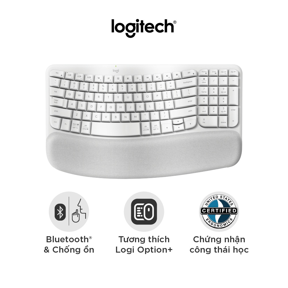 Bàn phím không dây công thái học Logitech Wave Keys - Kết nối Bluetooth, Gác tay, Windows, MacOs - Hàng Chính Hãng