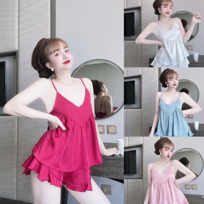 Đồ Ngủ Sexy Nữ, Bộ Ngủ Nữ Chất Satin Màu Trơn 2 Dây Freesize 40-68Kg