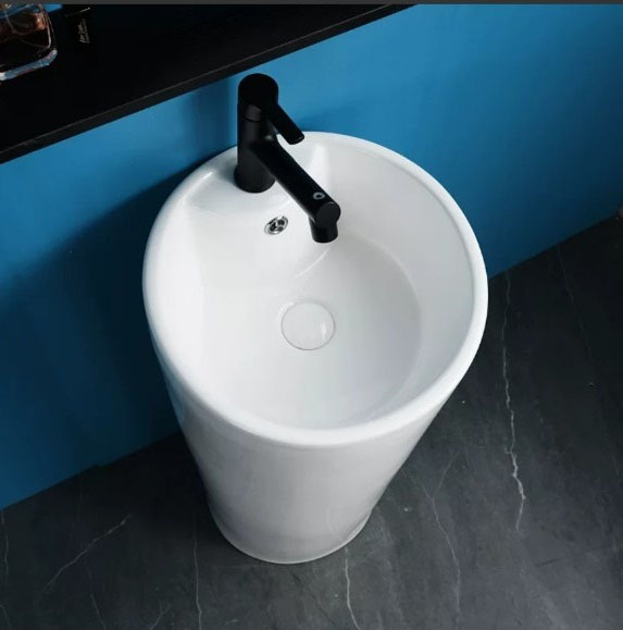 Lavabo trụ đứng đặt sàn màu trắng kiểu tròn thiết kế theo phong cách tư tế