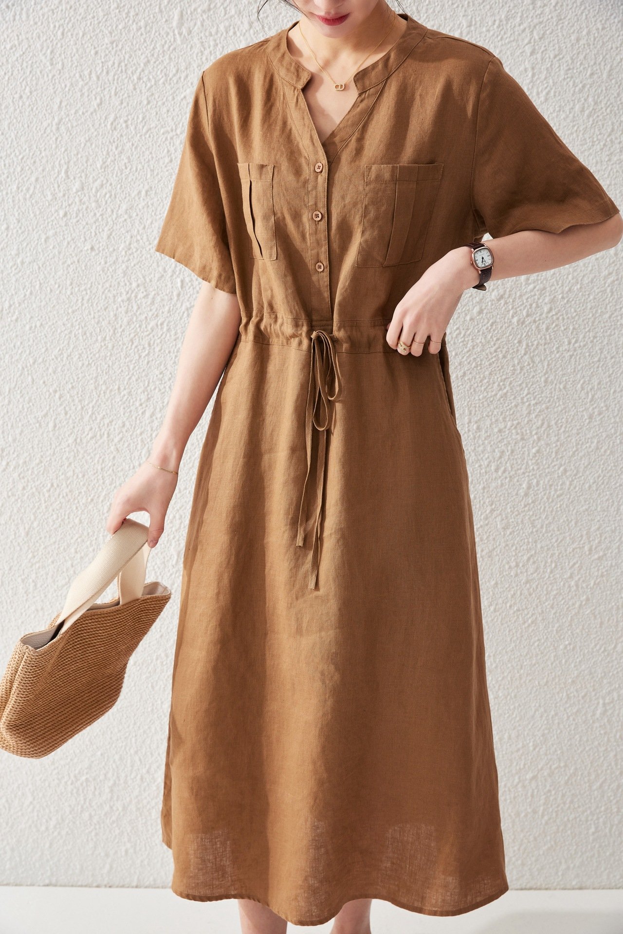 Đầm đũi nữ dáng suông rút eo, cổ V 2 túi thời trang phong cách Hàn Quốc Haint Boutique