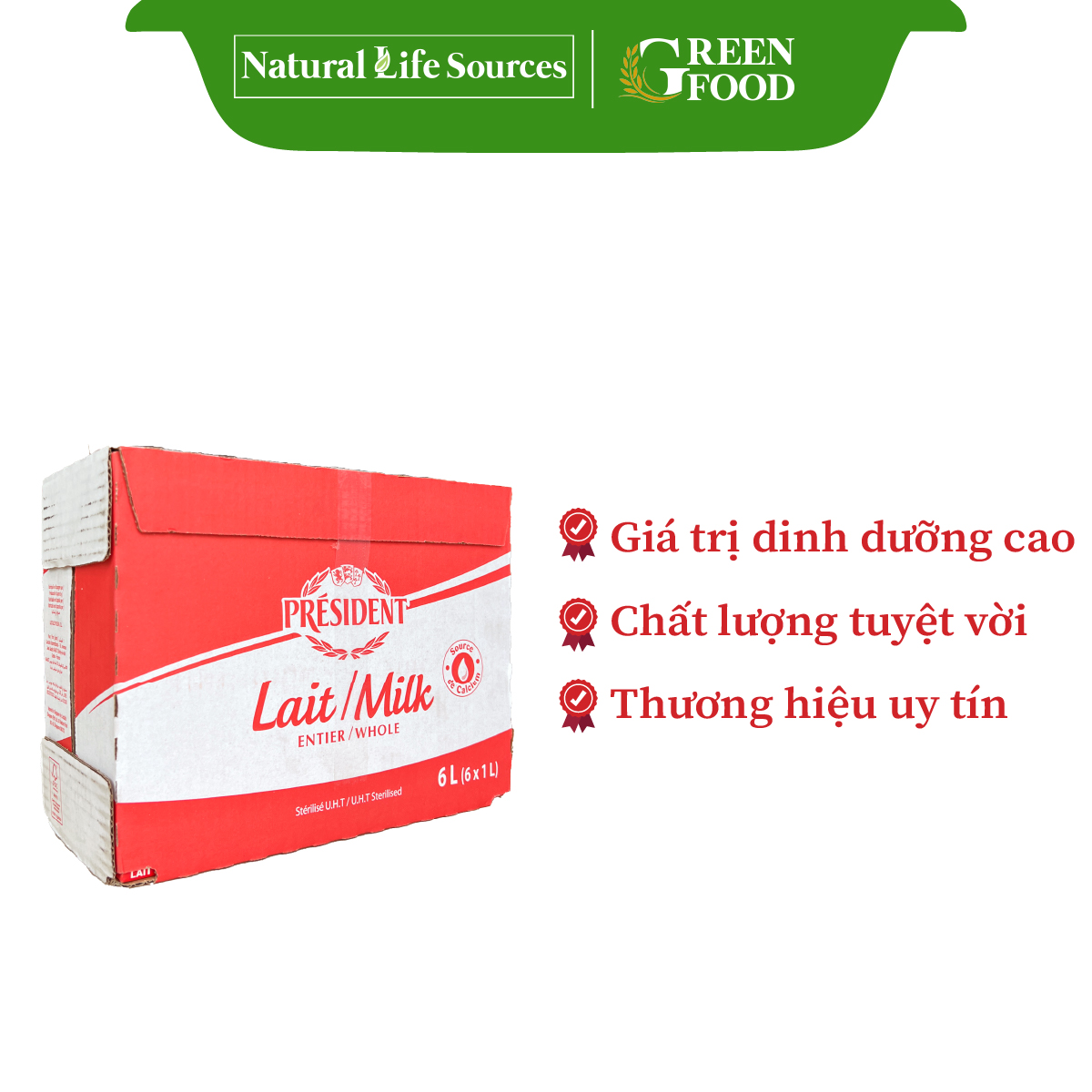 Thùng 6 Hộp Sữa tươi tiệt trùng nguyên kem cao cấp President không đường | Hộp 1L - Nhập khẩu chính hãng từ Pháp