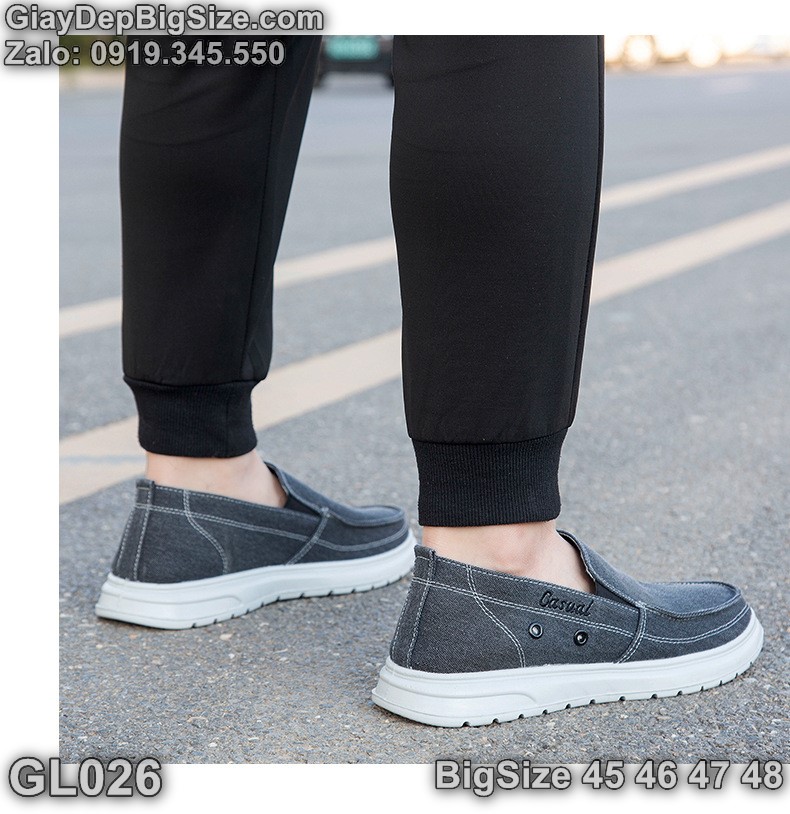 Giày lười vải, giày xỏ cỡ lớn 45 46 47 48 cho nam cao to chân ú bè. Big size canvas slip-on shoes for wide feet - GL226