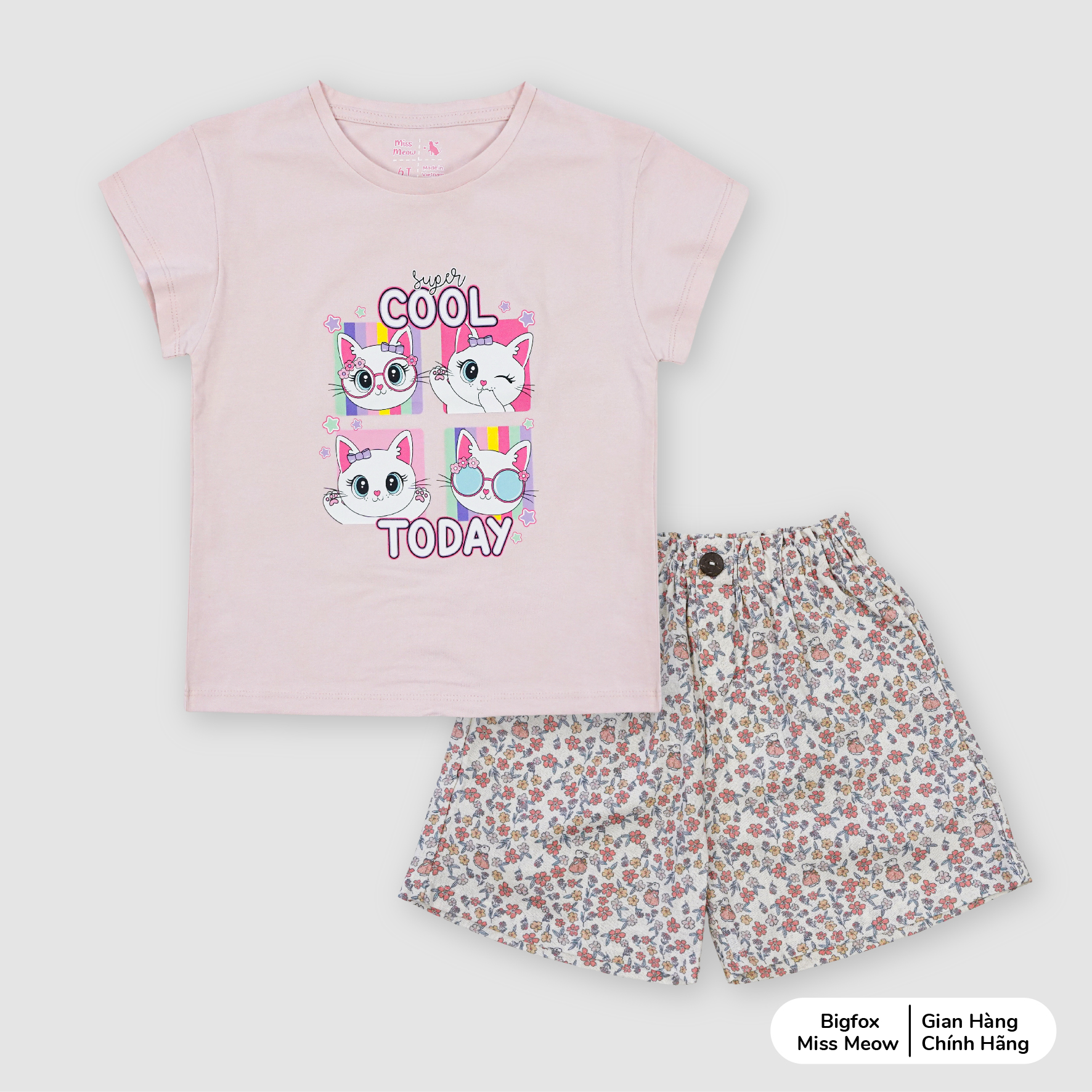 Bộ cộc tay bé gái Bigfox Miss Meow vải cotton mùa hè size đại cỡ 3,6,9,11 tuổi 30kg 40kg