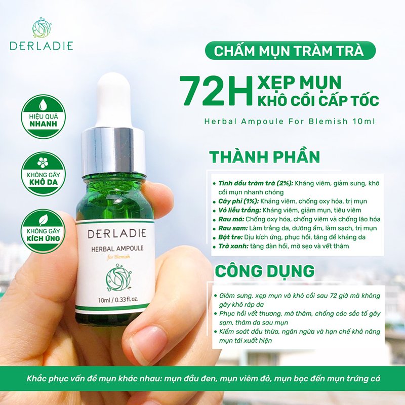 Tinh Chất Chấm Mụn Tràm Trà Derladie Herbal Ampoule For Blemish 10ml (Xẹp mụn, khô cồi sau 72h)