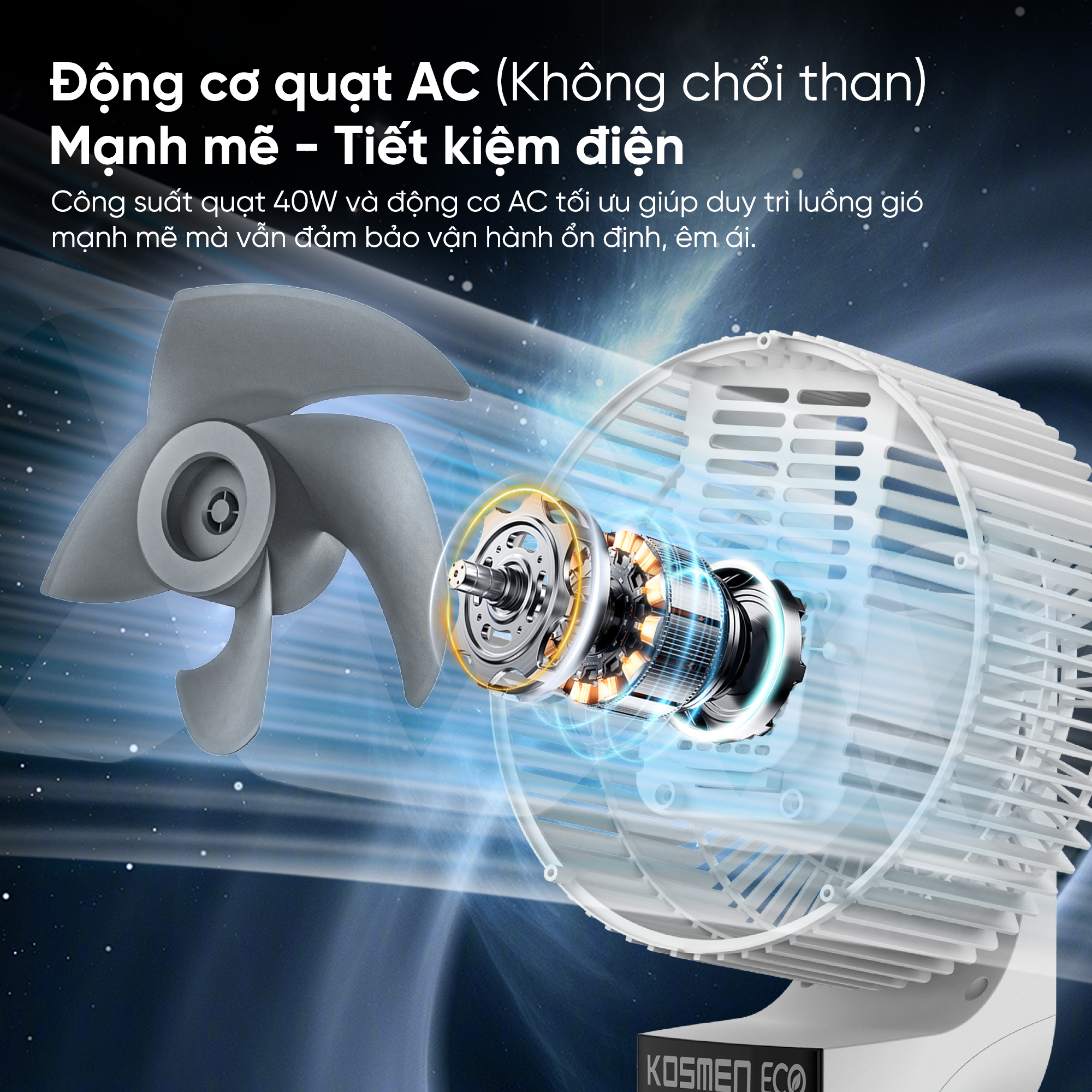Quạt đối lưu không khí điều khiển bằng giọng nói Kosmen Eco ECO-F40AI-W, quạt thông minh, quạt điện (quạt đứng)