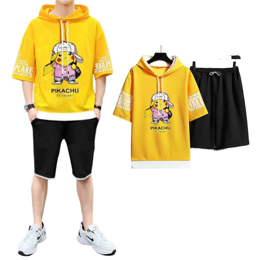 Đồ bộ thể thao nam nữ vải thun lưới mè thoáng mát - Bộ quần áo pikachu tay lửng và quần lưng chun co dãn thoải mái
