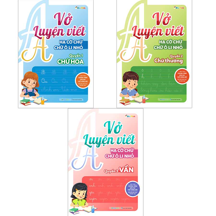 Combo Vở luyện viết hạ cỡ chữ - chữ ô li nhỏ - vần, chữ hoa, chữ thường