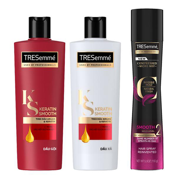 Bộ 3 Tresemme Keratin Smooth Vào Nếp Mềm Mượt (Gội 340g + Xả 340g + Xịt Tạo Kiểu Tóc Mềm Mượt 155g)