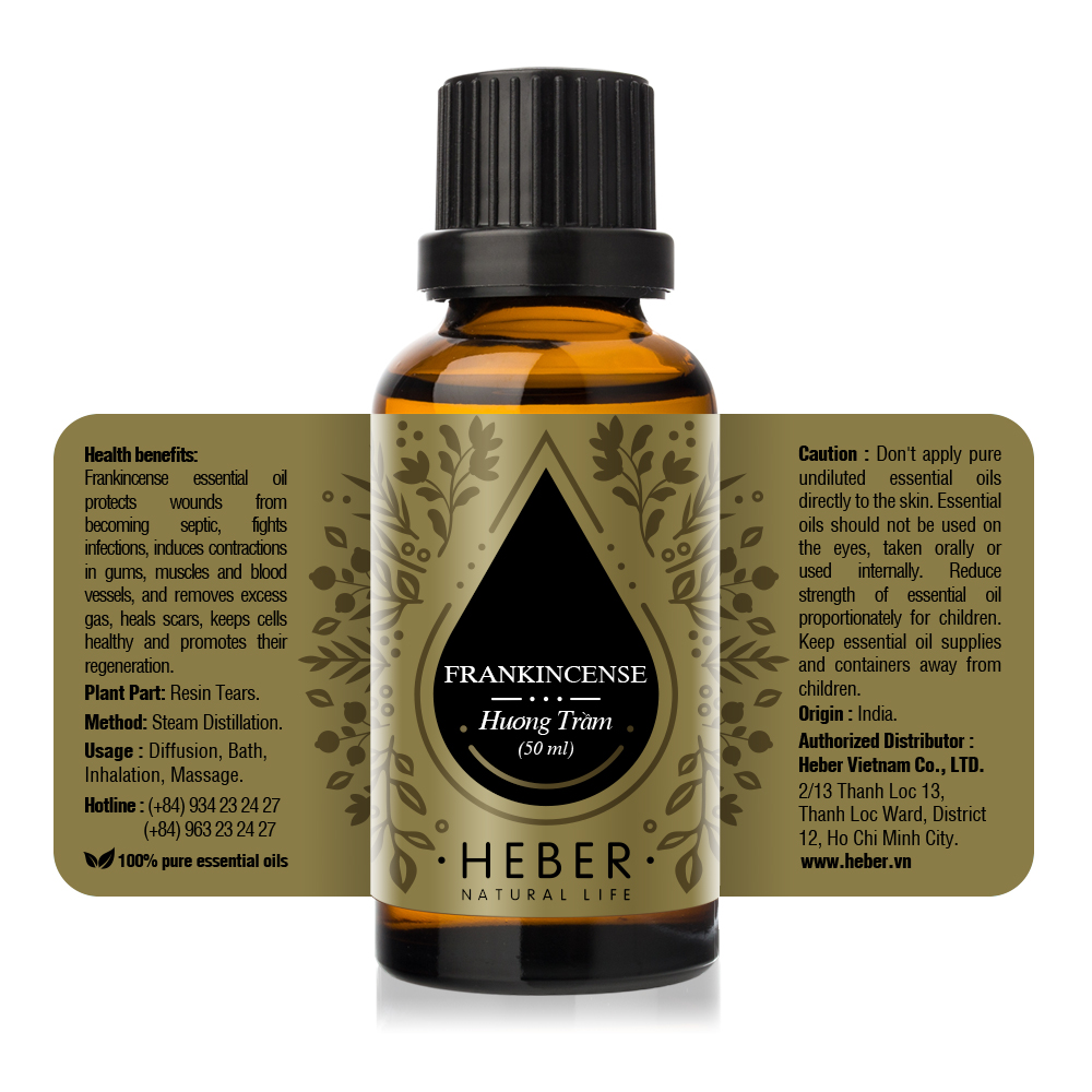 Tinh Dầu Hương Trầm Frankincense Essential Oil Heber | 100% Thiên Nhiên Nguyên Chất Cao Cấp | Nhập Khẩu Từ Ấn Độ | Kiểm Nghiệm Quatest 3 | Xông Thơm Phòng | Hương Dịu Nhẹ