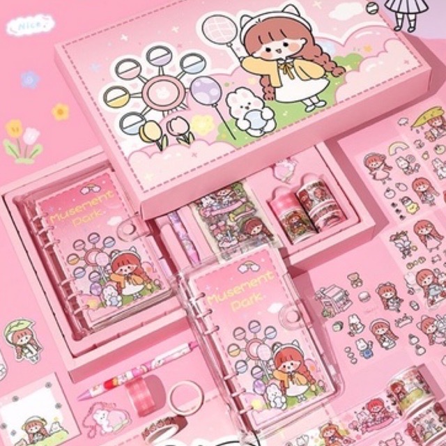 Set hộp quà tặng có sổ tay và cuộn băng keo washi dễ thương + sticker + móc khoá + bookmark + giấy note