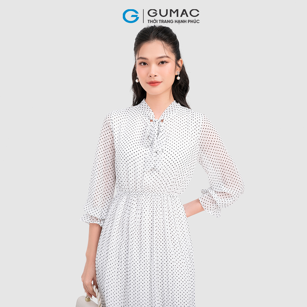 Đầm họa tiết chấm bi cổ nơ nhún eo GUMAC LD1012