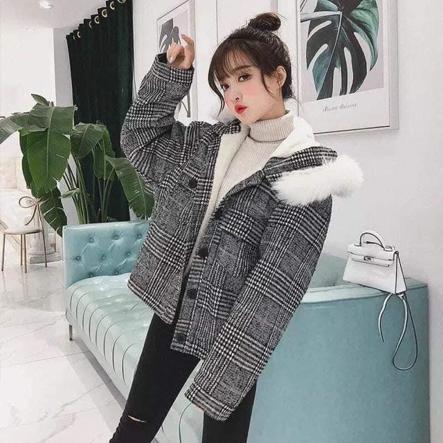 Áo Khoác Dạ Kẻ Lót Lông Siêu Dày Mịnfreeship