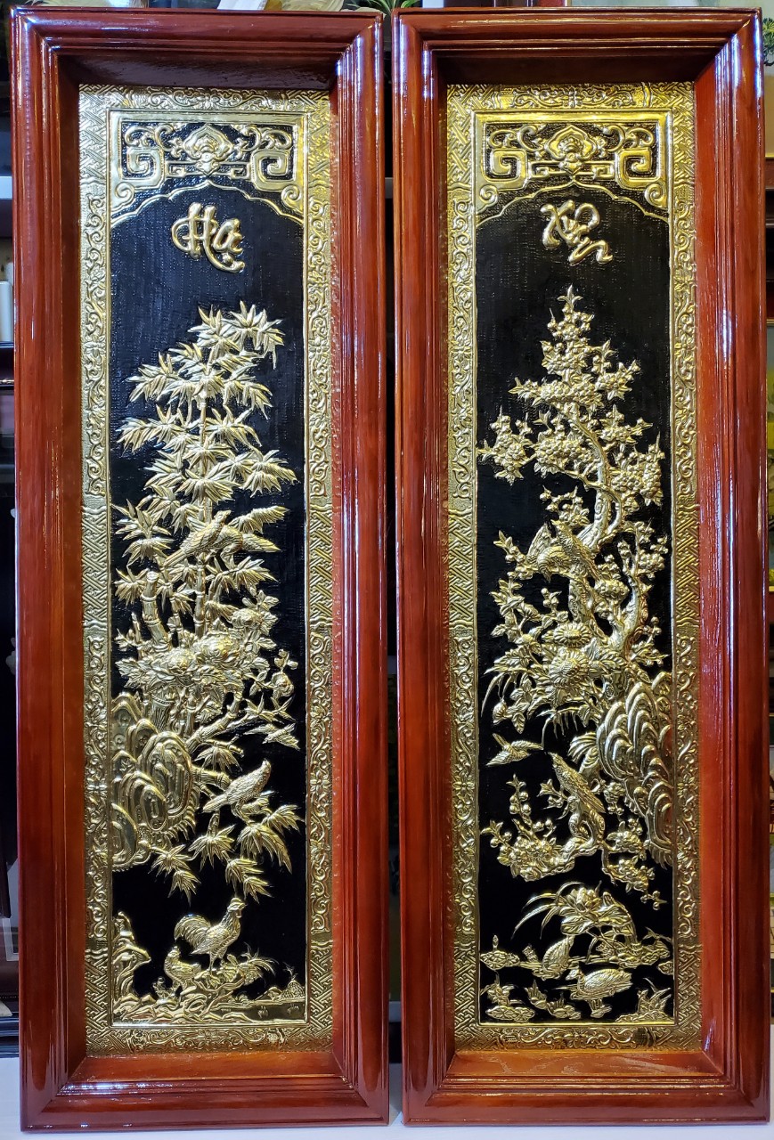 BỘ TỨ QUÝ ĐỒNG VÀNG LIỀN TẤM THÚC GÒ THỦ CÔNG ( TÙNG CÚC TRÚC MAI) KHỔ 40cm*120cm