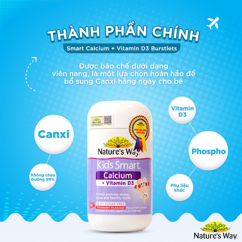 Viên Nhai Cho Bé Nature’s Way Kids Smart Calcium + Vitamin D3 Burstlets Bổ Sung Canxi Phát Triển Chiều Cao 50 Viên