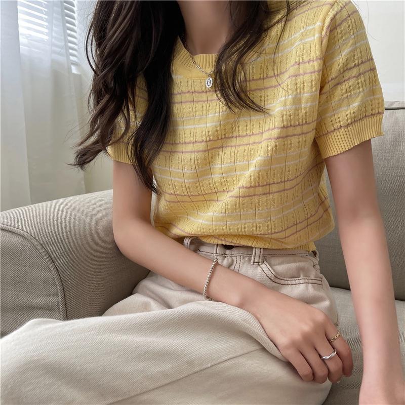 MS410 Áo len kẻ ngang cổ tròn nữ tính
