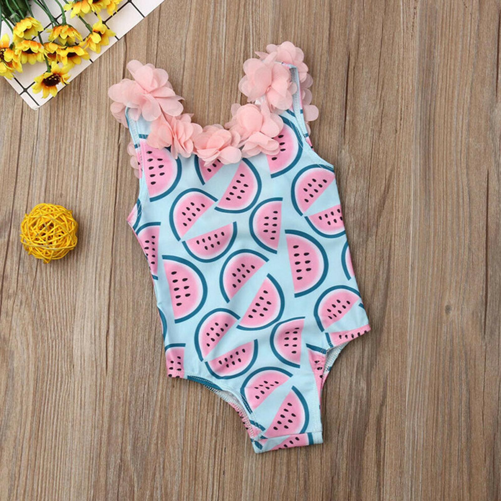 One-Piece Baby Girl Swimsuit Watermelon 6-24 Months 2-4 Years Infant Toddler Swimwear Bikini Bathing Suit with Floral Decorative V Neck