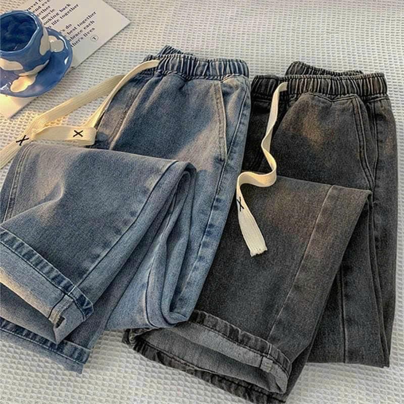 Quần baggy jean nam lưng thun phối dây bảng to - Quần bò nam ống suông rộng cạp chun mẫu mới