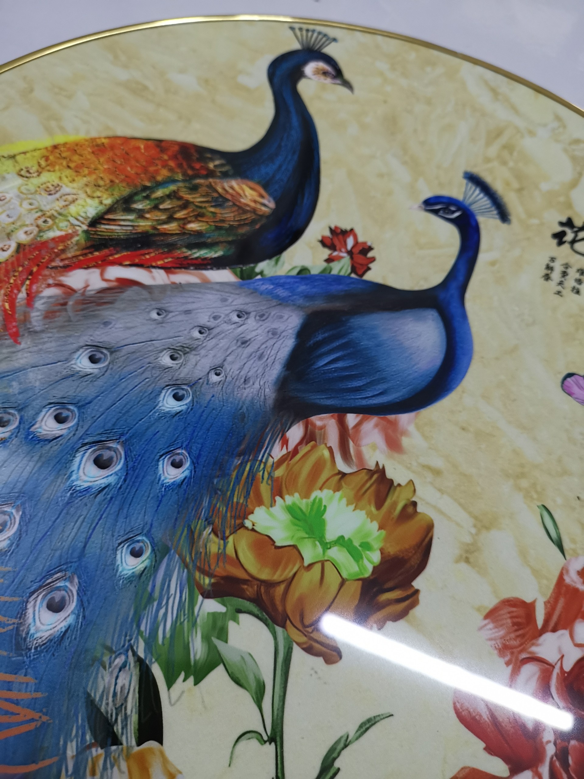 Tranh treo tường hình tròn trang trí phòng ngủ HD Đôi chim công Hytk158 TG đường kính 40 cm phủ bóng laminate tặng đinh 3 chân treo tranh