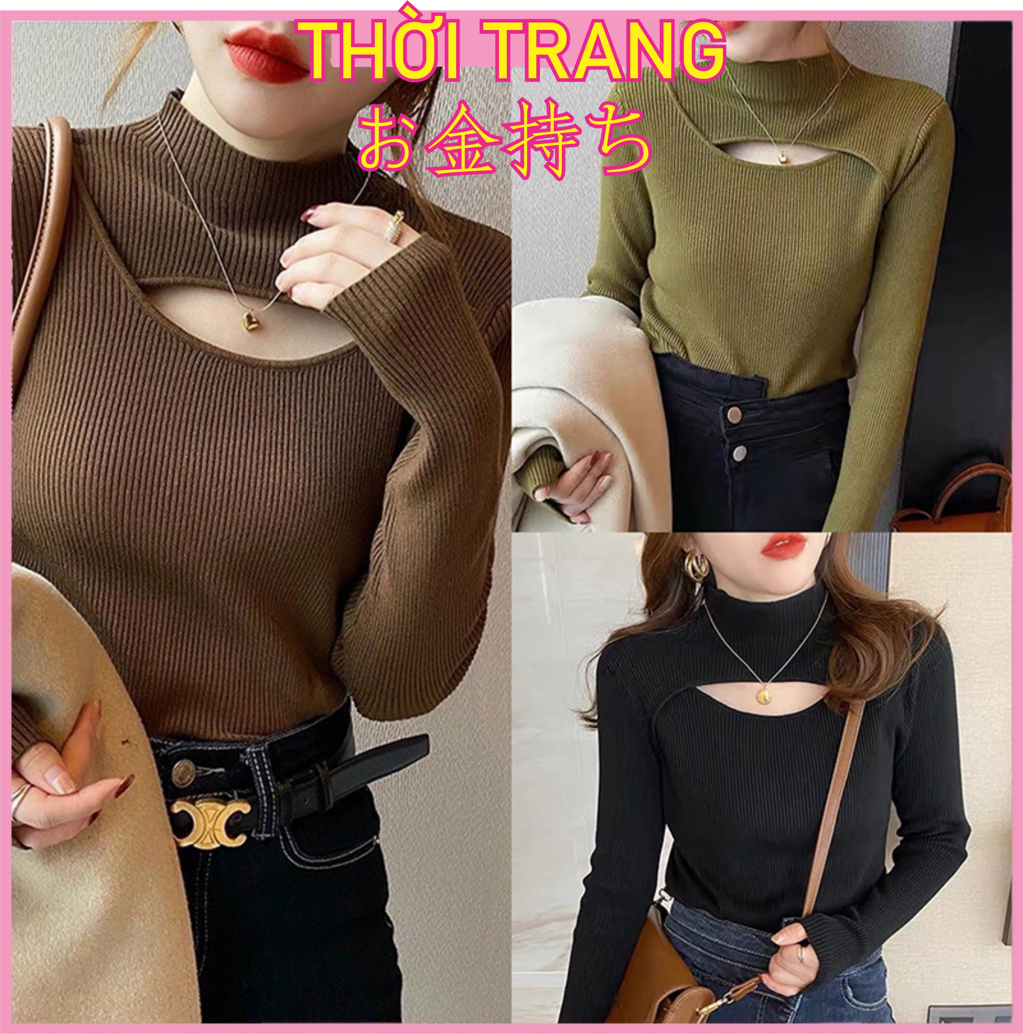 Áo len dài tay nữ khoét ngực nữ cổ lọ dáng ôm dệt kim len gân dày dặn phong cách trẻ trung sang chảnh 503