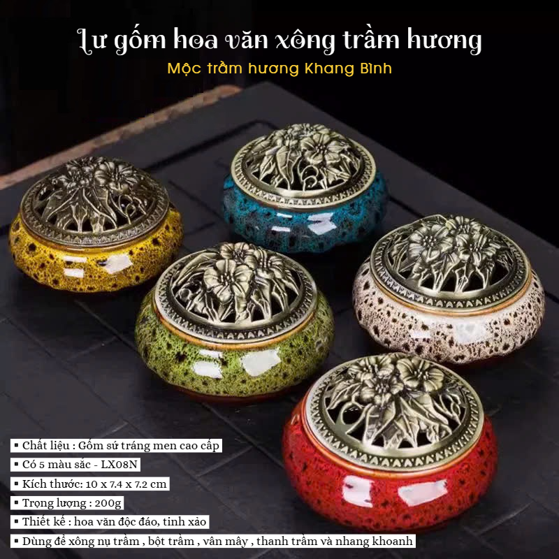 Lư gốm sứ Hoa Văn Xông đốt nụ vân mây nhang Trầm Hương kèm đế lót bông - Mộc Trầm Hương Khang Bình