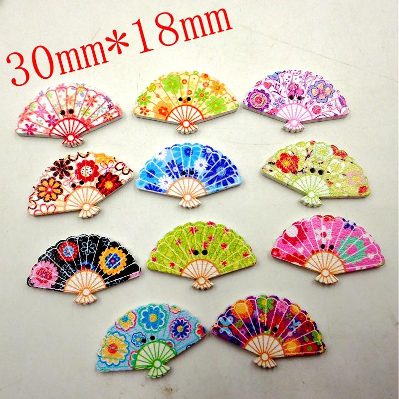 Pack of 100 Mixed Color Printed Fan Shape Wooden Buttons with Hole DIY Craft