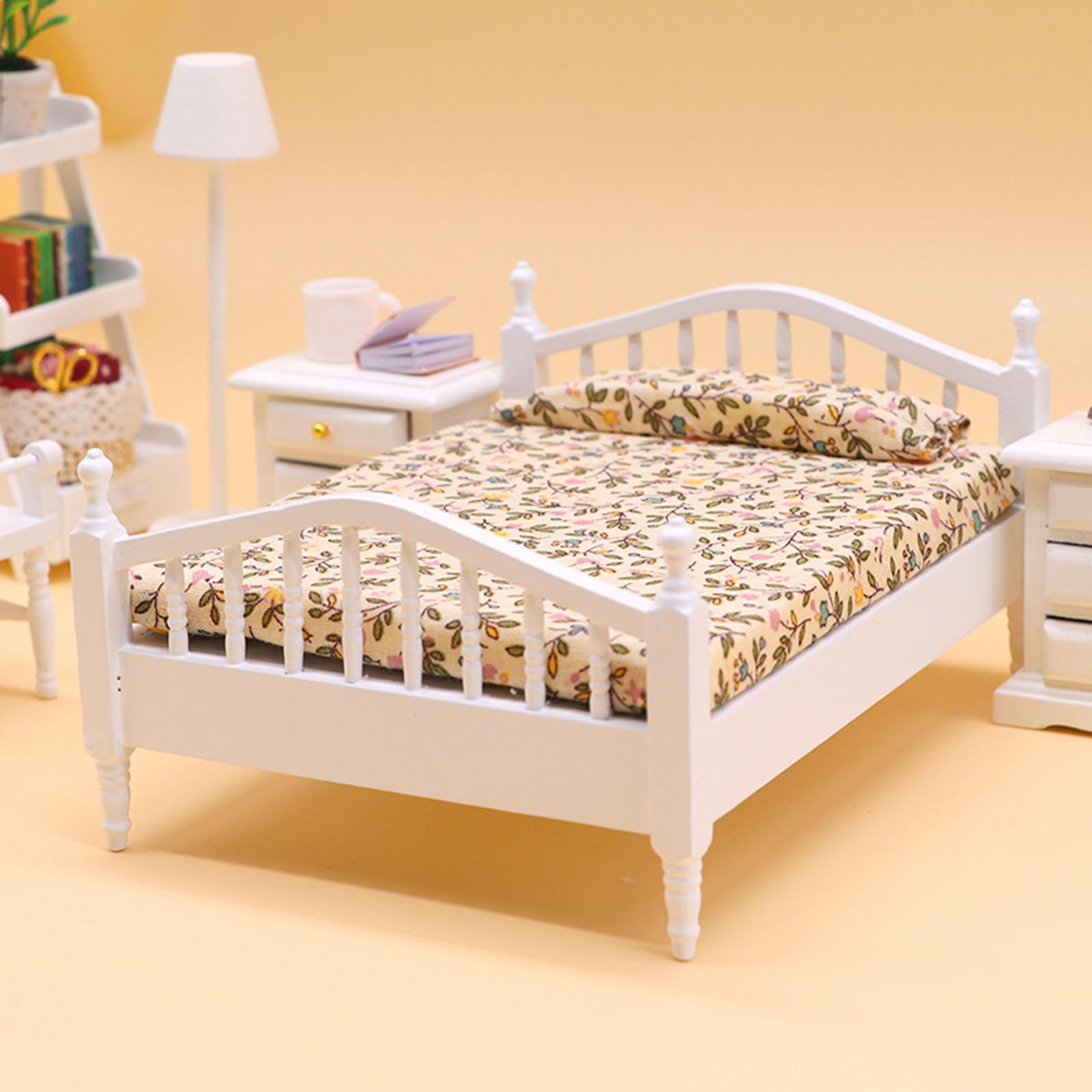 Dollhouse Miniature Bed Single Bed Model DIY Scene Model White and Pink