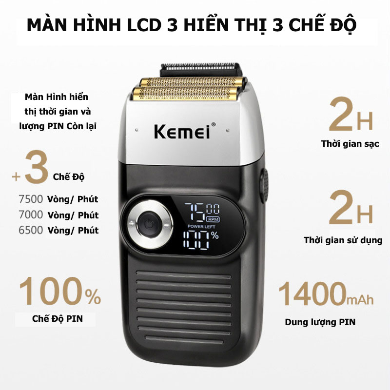 Máy Cạo Râu Tiện Dụng Kemei 2026,Dao Cạo Râu Tích Hợp Pin 1400 mAh Công Suất 5W, Đèn Led Hiện Dung Lượng Pin, Lưỡi Cắt Titatium, Động Cơ Hạn Chế Tiếng Ồn - HÀNG CHÍNH HÃNG