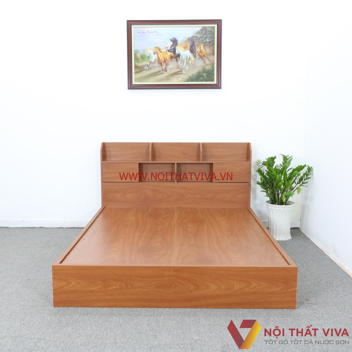 Giường Ngủ Gỗ MDF Melamine Màu Xoan Đào Có Kệ Trang Trí Đẹp Giá Rẻ
