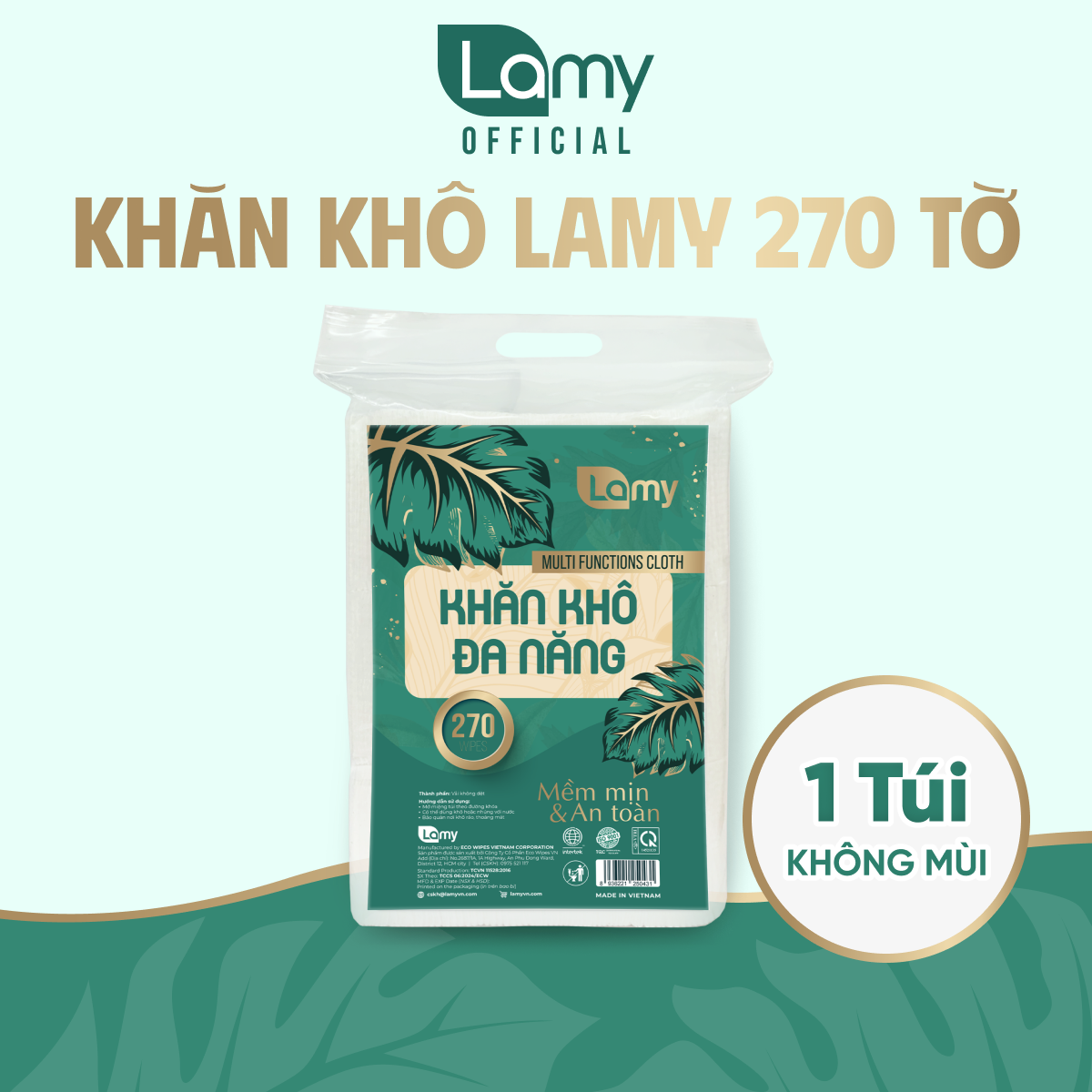 Combo 03 túi khăn vải khô đa năng LAMY cho bé túi 270 tờ không chất tẩy trắng siêu tiết kiệm