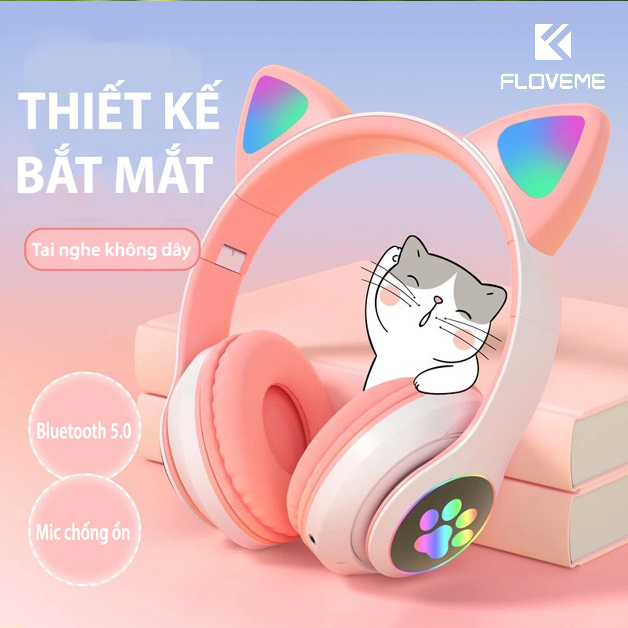 Tai nghe mèo FLOVEME VZV 23M – Có đèn led – Kết nối bluetooth 5.0 - headphone có micro – hỗ trợ điều chỉnh âm lượng – Có cổng AUX - Hàng chính hãng