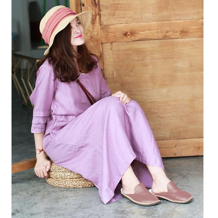 Đầm suông linen cổ tim chồng tay lỡ - Tím nhạt