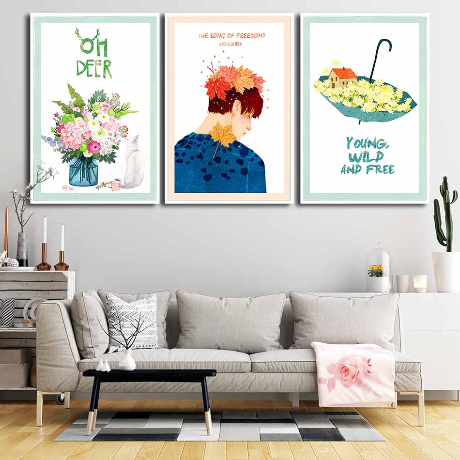Bộ 3 tranh canvas treo tường Decor Trang trí cách điệu, phong cách lãng mạn, dễ thương - DC090