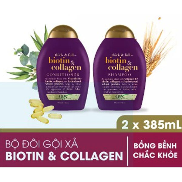 Bộ Dầu Gội Và Xả OGX Thick And Full Biotin &amp; Collagen Của Mỹ 385ml, giảm xơ rối, gãy, rụng, cho tóc dày và suôn mượt