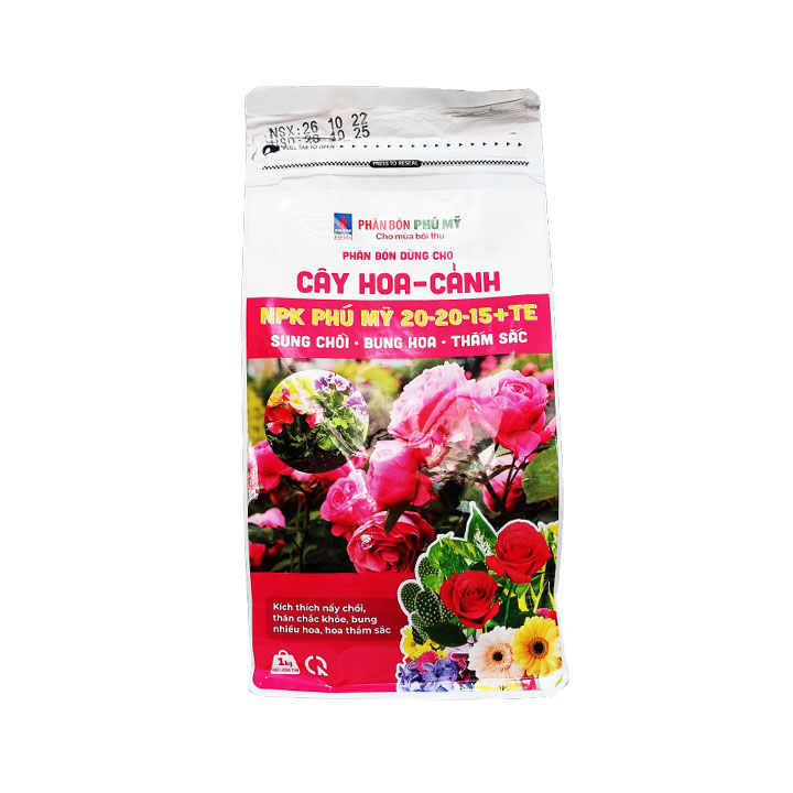 Phân bón cây cảnh, hoa mai, hoa hồng, kiểng NPK PHÚ MỸ 20-20-15+TE, kích nẩy chồi ra hoa