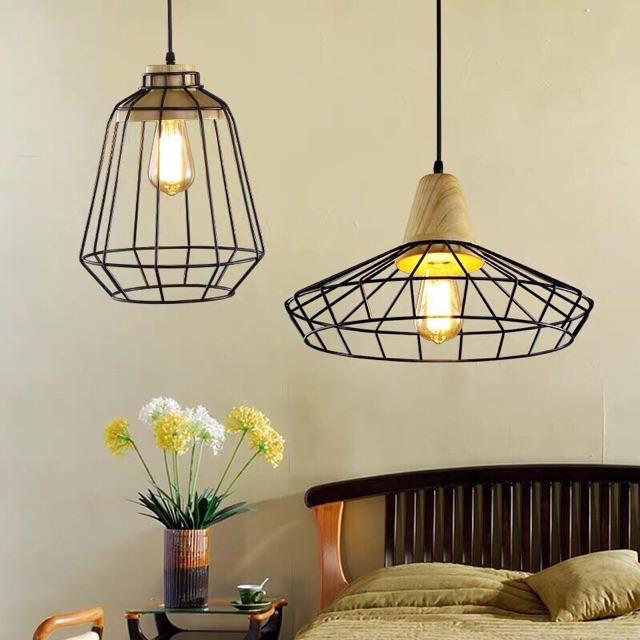 Đèn thả lồng sắt đui gỗ hình nón