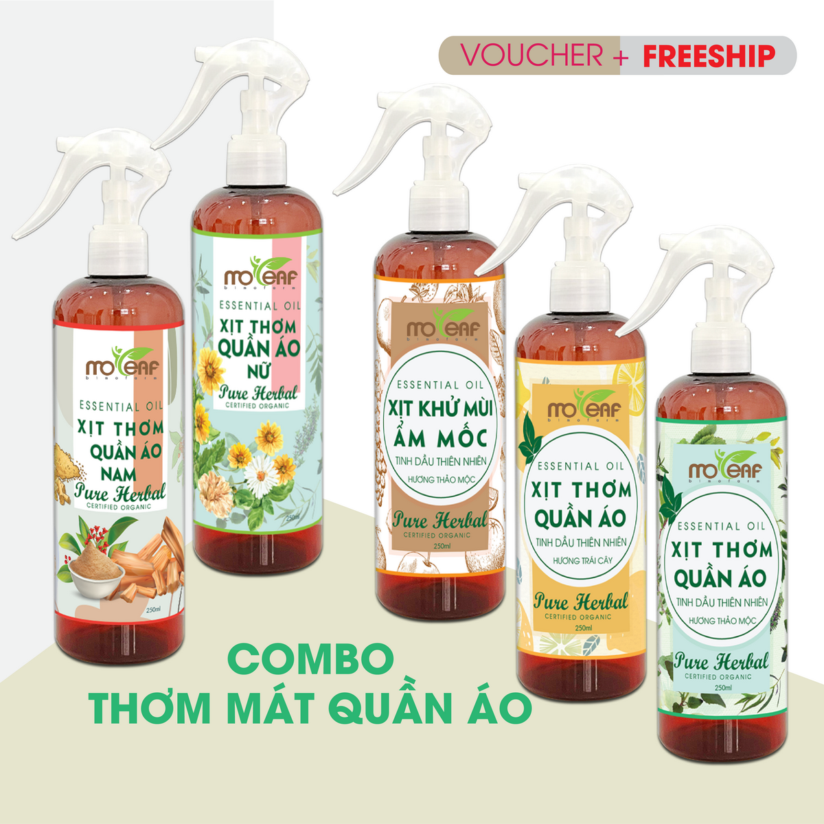 [COMBO 5 CHAI 50ml] XỊT THƠM QUẦN ÁO NAM/NỮ Moleaf Tinh dầu Đàn Hương, Tuyết Tùng, Gỗ Hồng, Sen Trắng, Thảo Mộc, Trái Cây, Khử mùi ẩm mốc, hương thơm nhẹ nhàng thay thế nước xả vải nước hoa