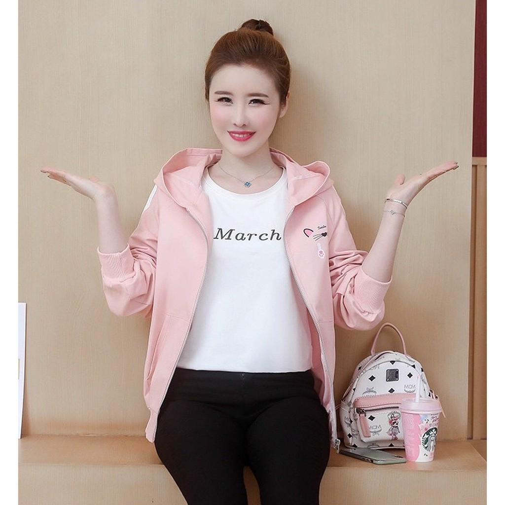 Áo khoác nữ hồng dù 2 lớp unisex - Hoodie có mũ nón bomber form rộng chống nắng mùa đông tai thỏ, tai mèo