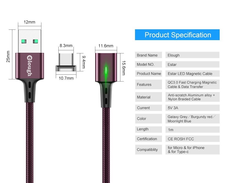 Cáp Sạc, Truyền Dữ Liệu Hít Nam Châm Elough Estar Type-C Hỗ Trợ Sạc Nhanh QC 3.0 Chính Hãng