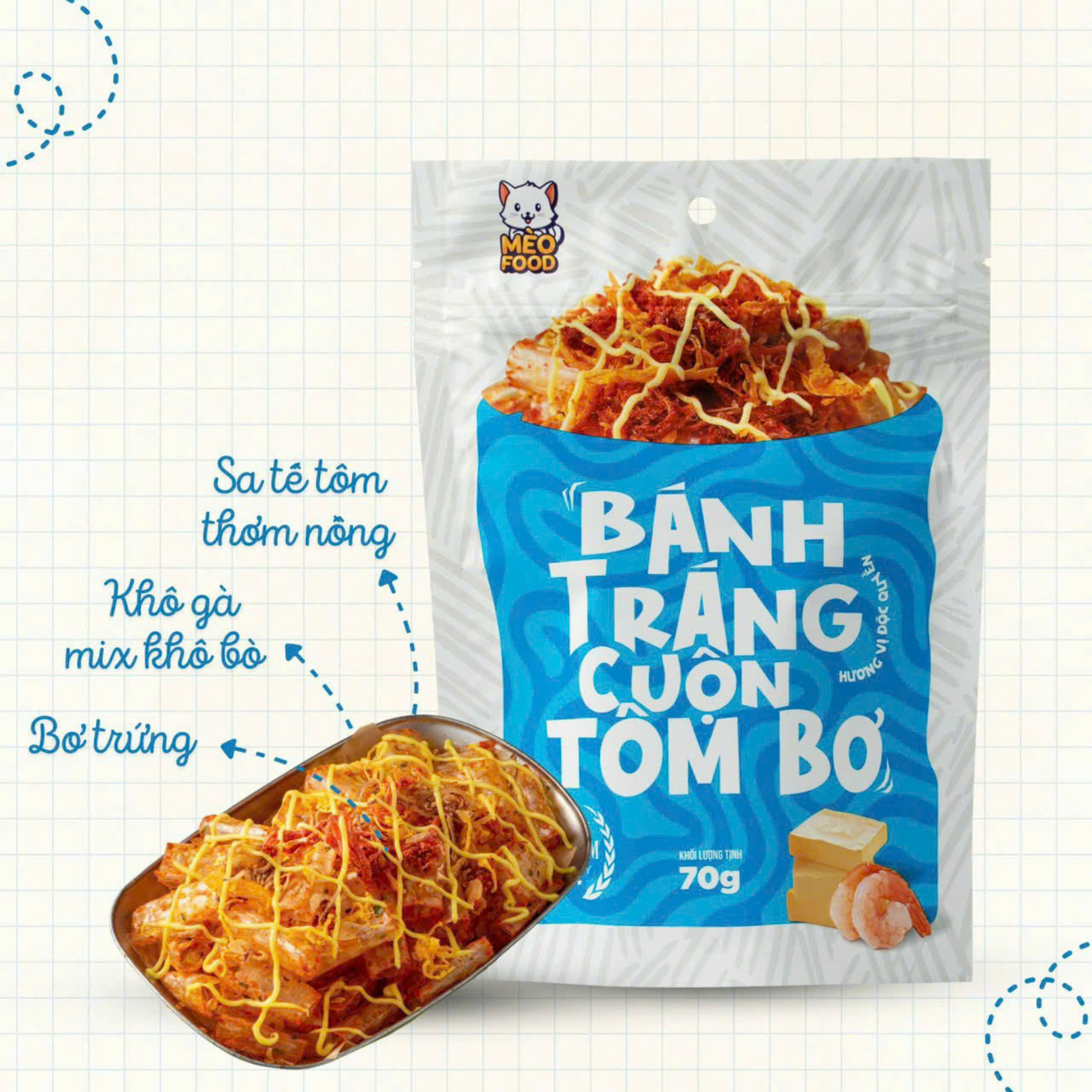Bánh tráng trộn tỏi bò -Cuộn tôm bơ - Hoàng kim /Mèo food 70G