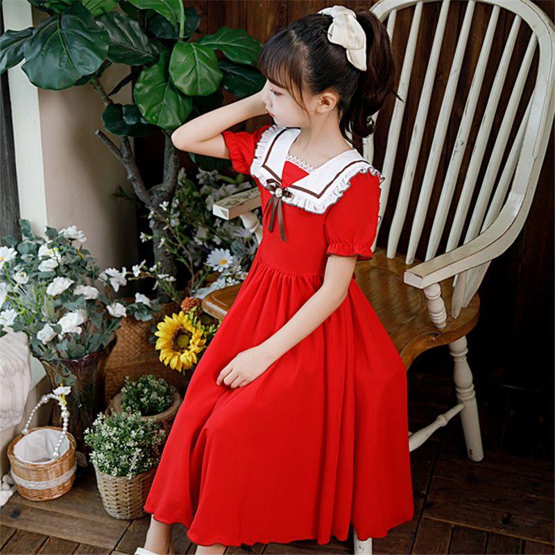 CHENGRUI Cô gái búp bê cổ Pháp ngọt ngào đầm Mid-boy siêu tiên khí chất thiếu nữ hải quân cổ váy đầm dài