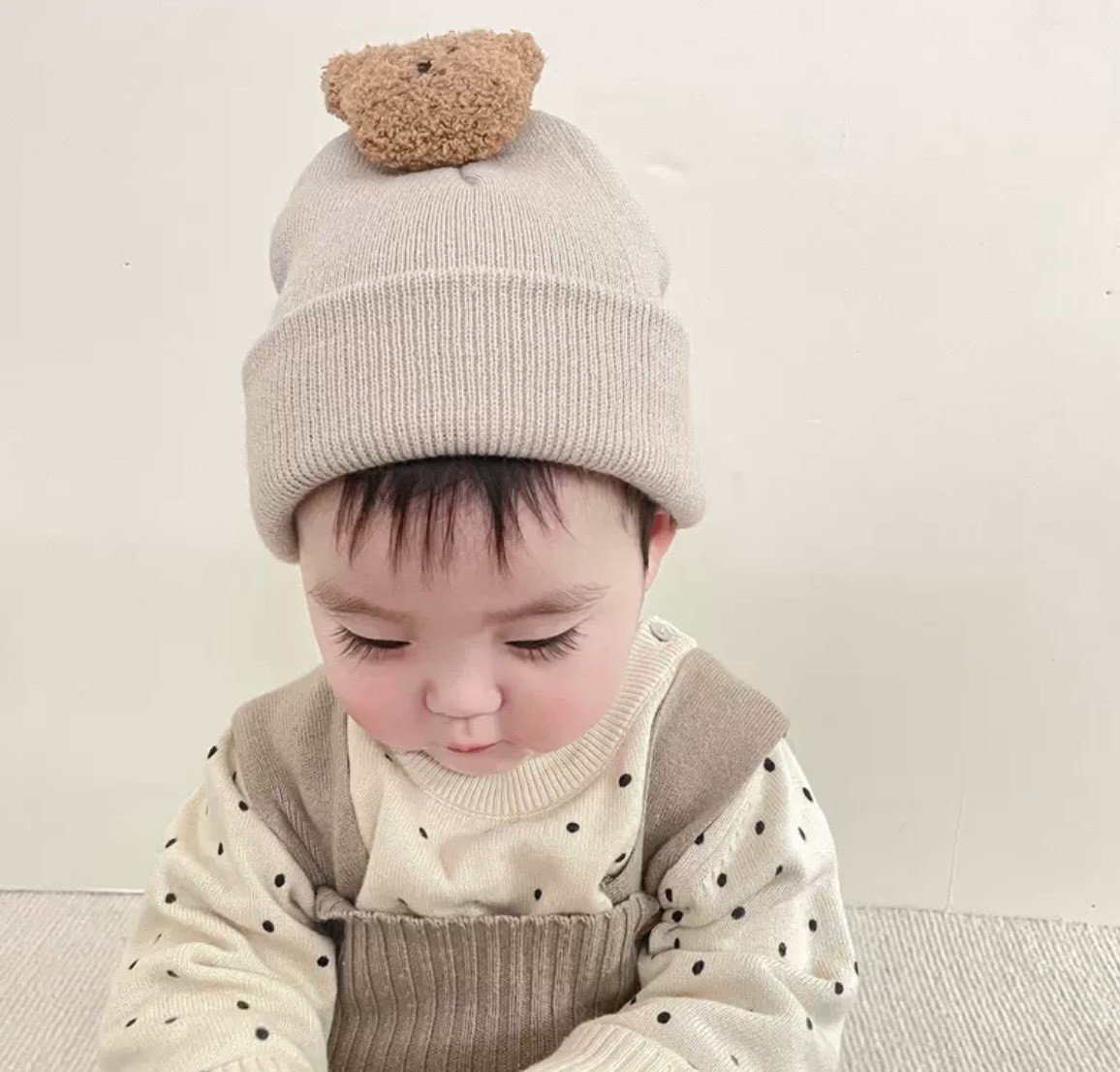 Mũ nón len đính gấu bông xù Ms23 mềm mại đáng yêu cho bé