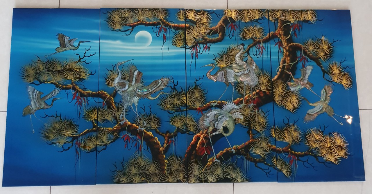 Bộ Tranh sơn mài Thanh Bình Lê 4 tấm -Tùng Hạc khảm cừ size 50x80 cm trang trí nhà cửa, quà tặng tân gia, khai trương ý nghĩa