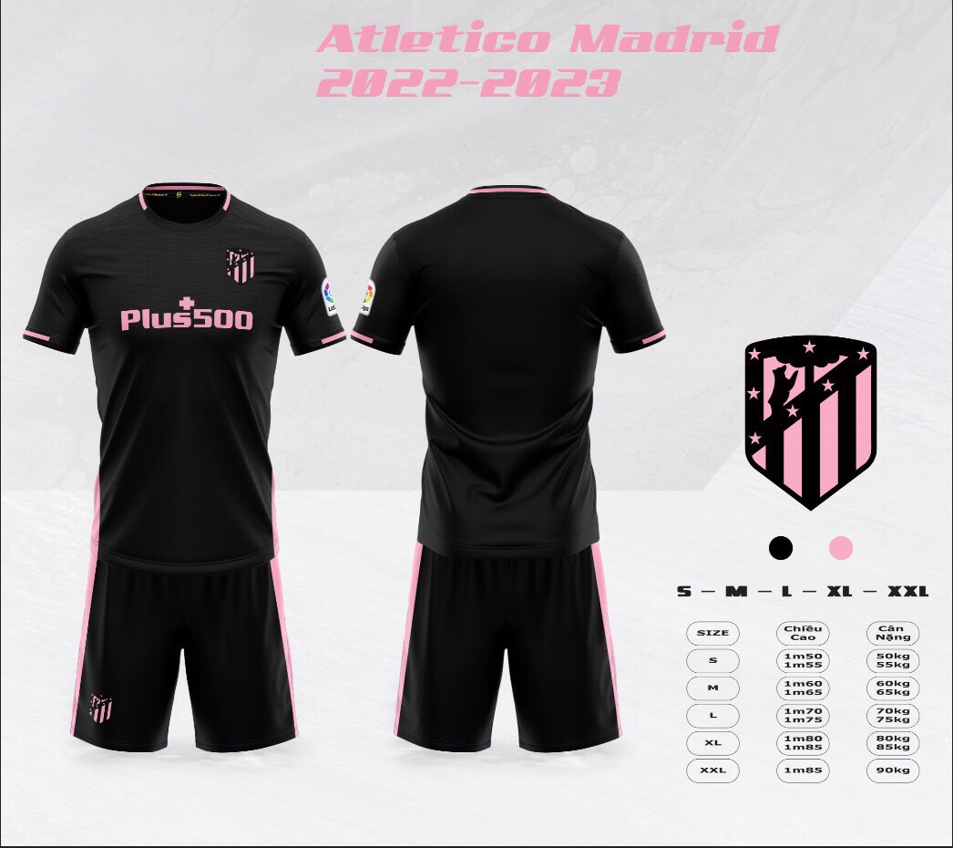 Bộ quần áo bóng đá CLB Atletico Madrid màu đen vải co giãn 4 chiều, đường may kĩ càng tỉ mỉ