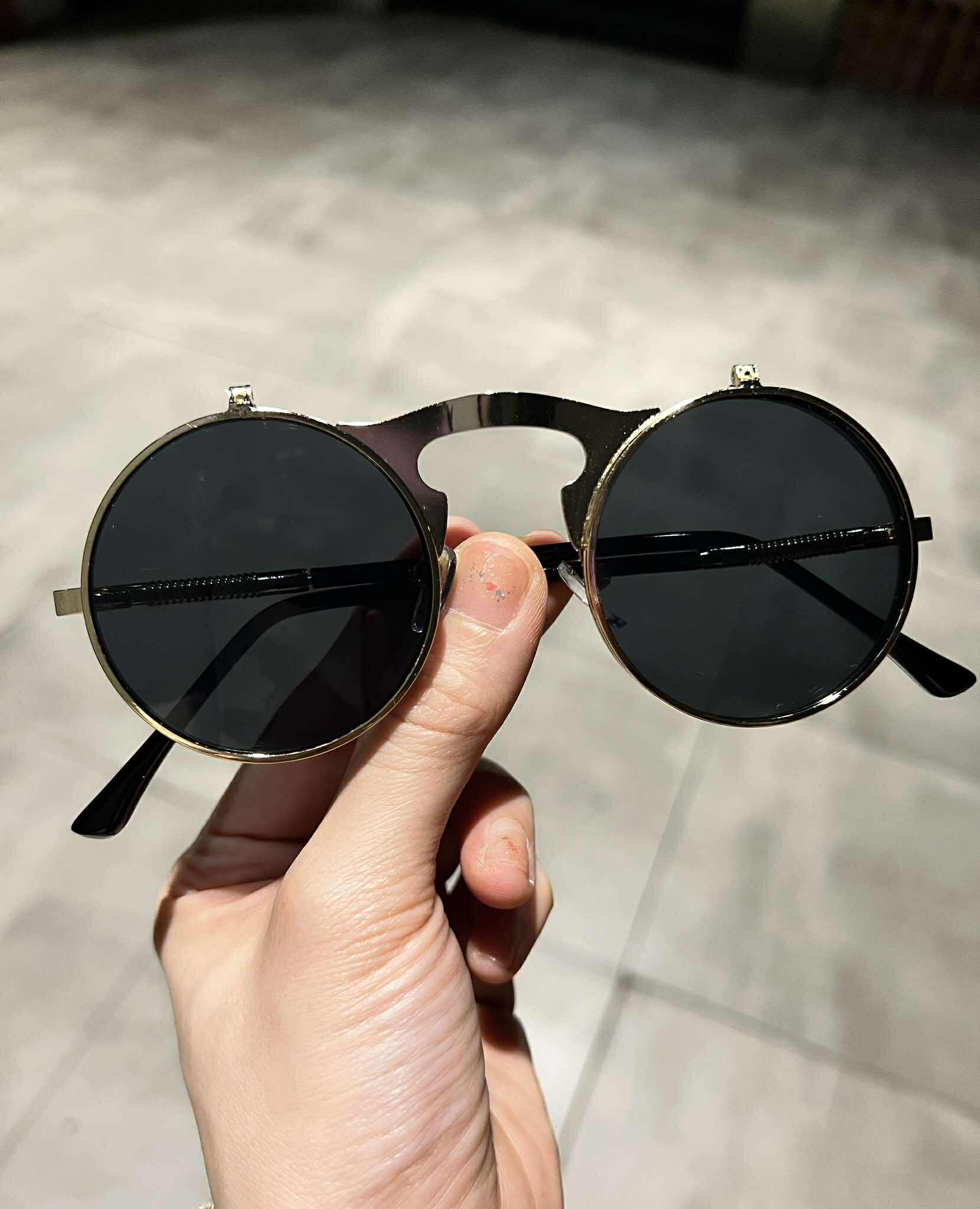 Kính râm unisex nam nữ Mắt tròn 2 lớp bật nắp gọng kim loại