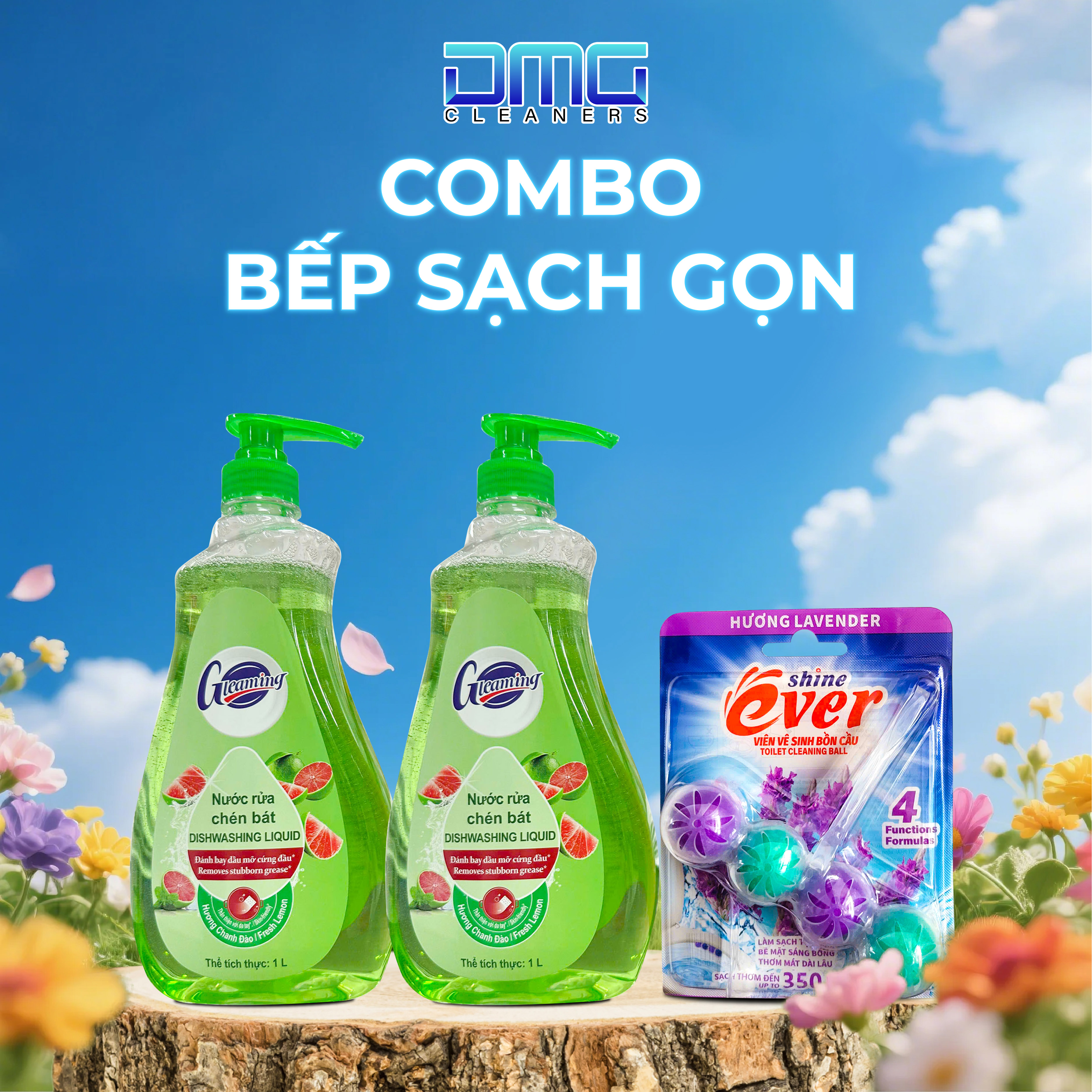 Combo Bếp Sạch Gọn (Mix 2 Chai Rửa Chén): Chai Nước Rửa Chén Chanh Đào & Chanh Dây + 1 Viên Treo Vệ Sinh WC Hương Chanh