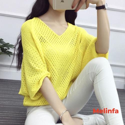 Áo len nữ mỏng cổ V cánh dơi dập lỗ len dệt kim mềm mịn co giãn mặc mùa hè mã VAA0315