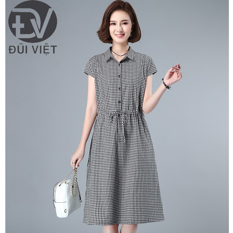 Đầm suông sơ mi form rộng kẻ caro đen ngắn tay rút eo, chất vải thô đũi mềm mát, thời trang thương hiệu chính hãng Đũi Việt DV73