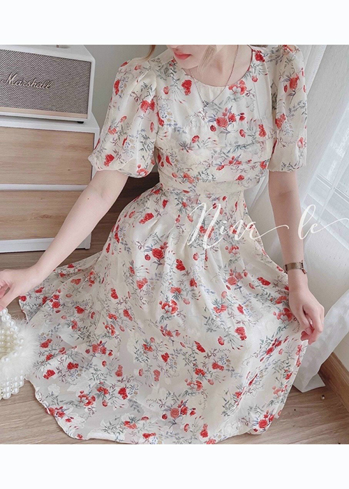 Đầm Maxi Voan Hoa 2 Lớp Tay Phồng Xếp Ly Ngực Thời Trang
